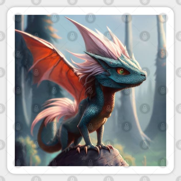 Fuzzy Young Blue Dragon with Pink Wings on a Rock Sticker by dragynrain